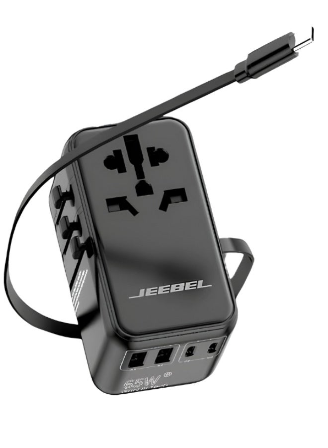 JEEBEL 65W Multi-Port Universal Travel Adapter – Built-in USB-C cable and 2 USB-C + 2 USB-A ports for all-in-one charging - Image 2